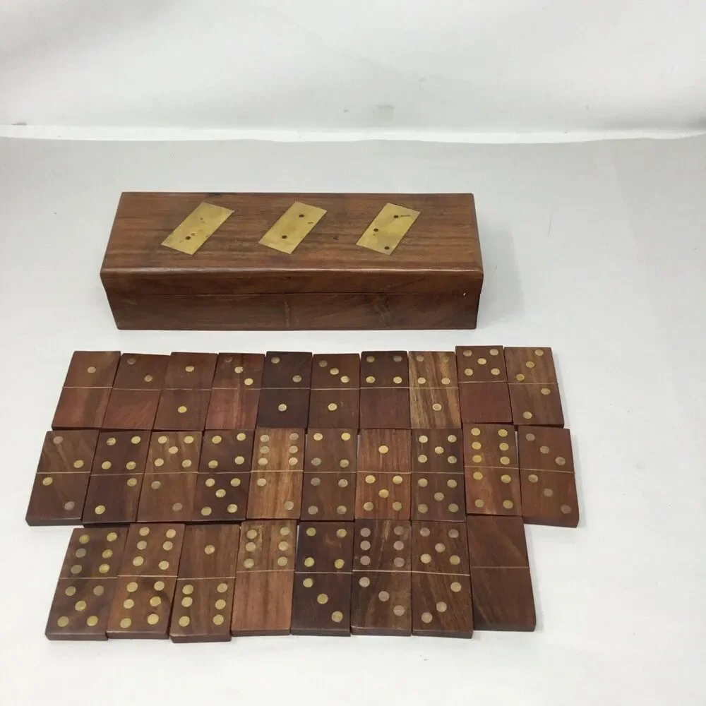 Vintage Wooden Domino Set Storage Box Wood with Brass Inlay Handcrafted 28 Piece